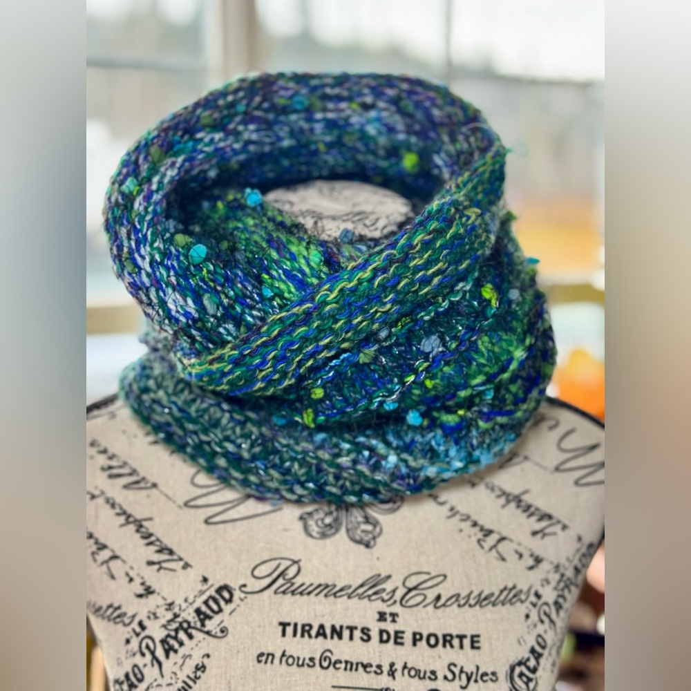 Premium Wool Infinity Scarf —Witchy Ocean Blues•4-Strand Hand Knit•One-of-a-Kind - Picture 4 of 17